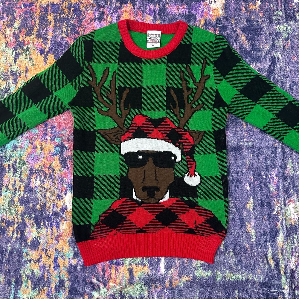 Green and Black Plaid Reindeer‎ Christmas Sweater Medium